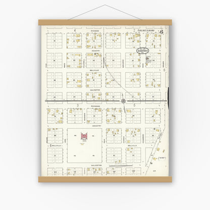 Old map wall art mockup — magnetic wood frame on white wall — Sanborn Fire Insurance Map from Giddings, Lee County, Texas (1921), Sheet #0006