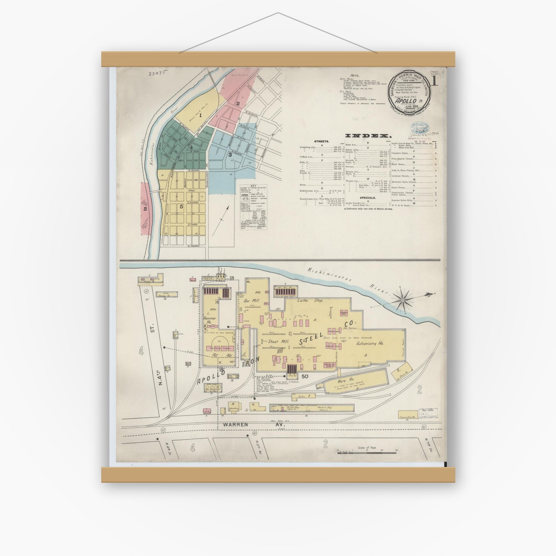 Old map wall art mockup — magnetic wood frame on white wall — Sanborn Fire Insurance Map from Apollo, Armstrong County, Pennsylvania (1894), Sheet #0001