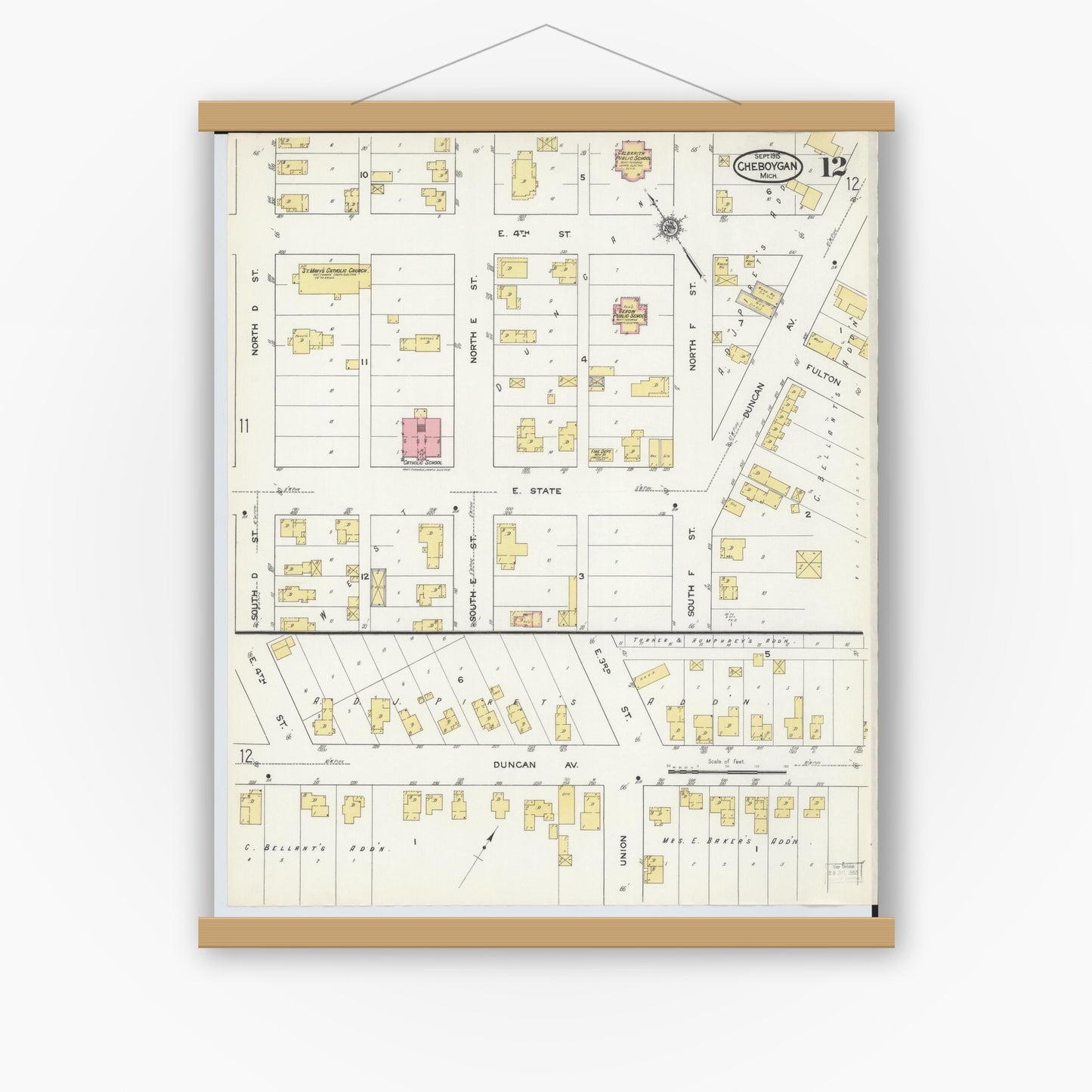 Old map wall art mockup — magnetic wood frame on white wall — Sanborn Fire Insurance Map from Cheboygan, Cheboygan County, Michigan (1915), Sheet #0012