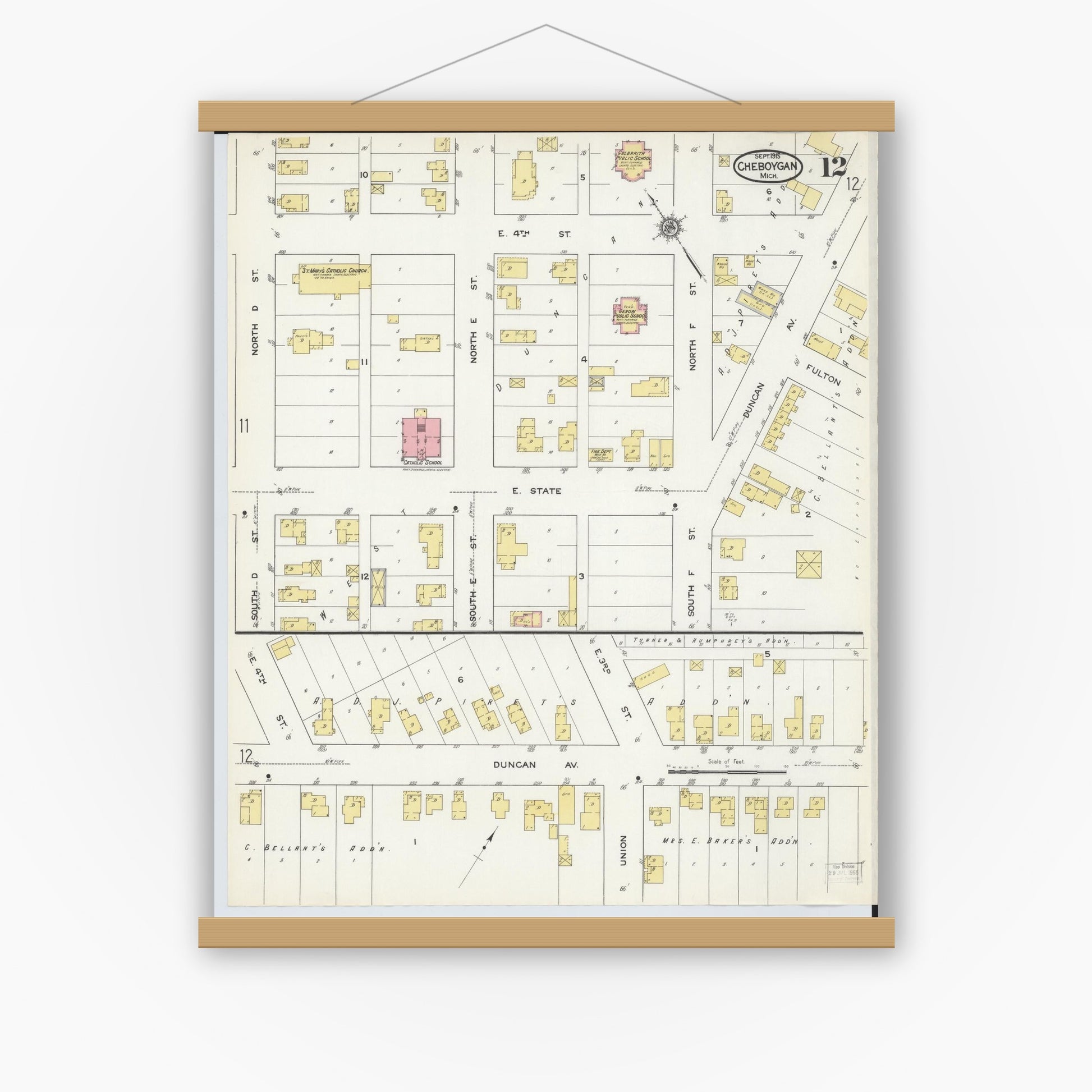 Old map wall art mockup — magnetic wood frame on white wall — Sanborn Fire Insurance Map from Cheboygan, Cheboygan County, Michigan (1915), Sheet #0012