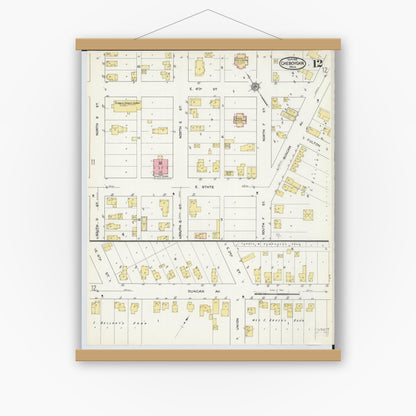 Old map wall art mockup — magnetic wood frame on white wall — Sanborn Fire Insurance Map from Cheboygan, Cheboygan County, Michigan (1915), Sheet #0012