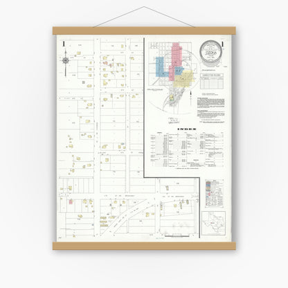 Old map wall art mockup — magnetic wood frame on white wall — Sanborn Fire Insurance Map from Ozona, Crockett County, Texas (1941), Sheet #0001
