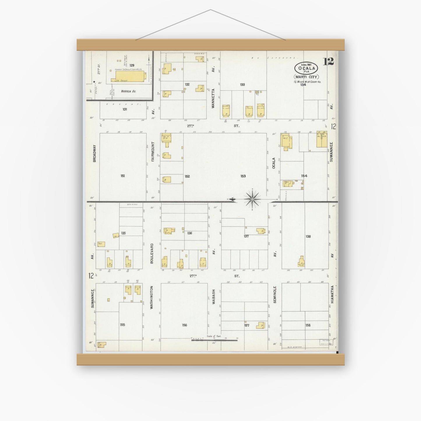 Old map wall art mockup — magnetic wood frame on white wall — Sanborn Fire Insurance Map from Ocala, Marion County, Florida (1901), Sheet #0012