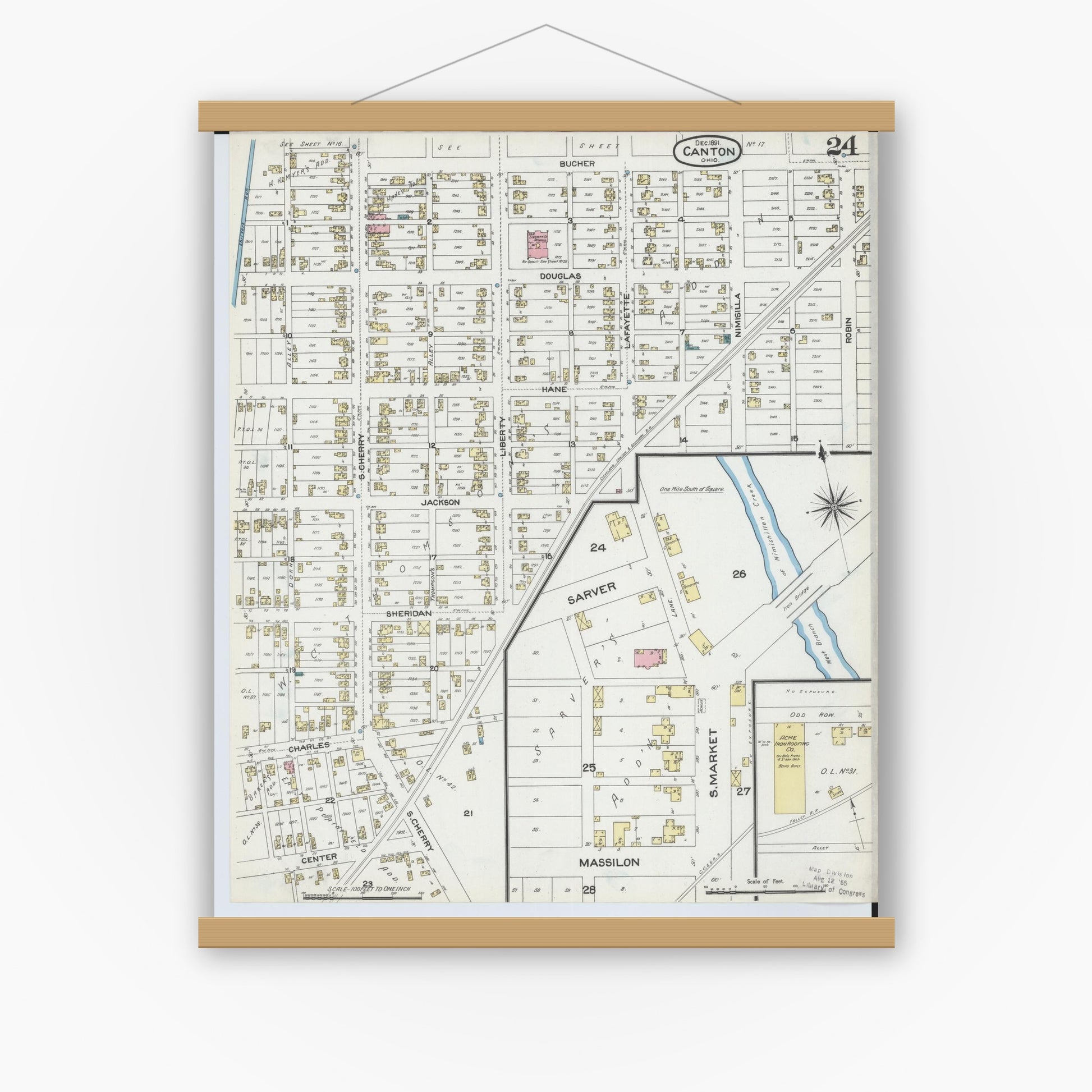 Old map wall art mockup — magnetic wood frame on white wall — Sanborn Fire Insurance Map from Canton, Stark County, Ohio (1891), Sheet #0024