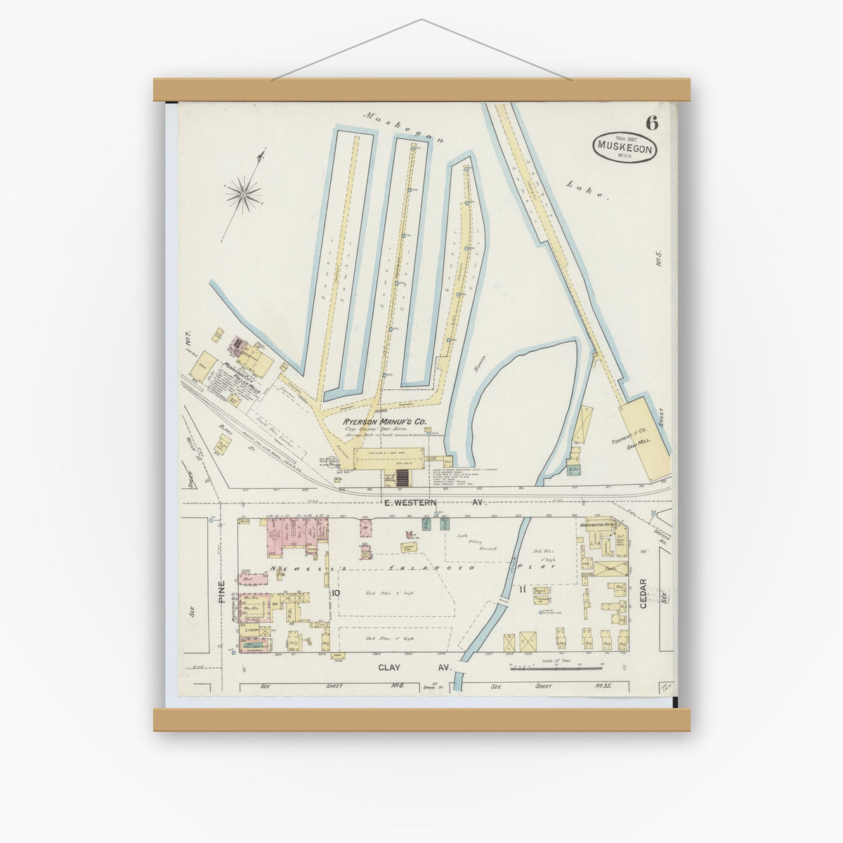 Old map wall art mockup — magnetic wood frame on white wall — Sanborn Fire Insurance Map from Muskegon, Muskegon County, Michigan (1887), Sheet #0006