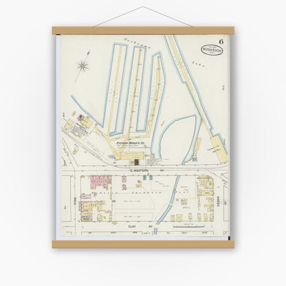Old map wall art mockup — magnetic wood frame on white wall — Sanborn Fire Insurance Map from Muskegon, Muskegon County, Michigan (1887), Sheet #0006