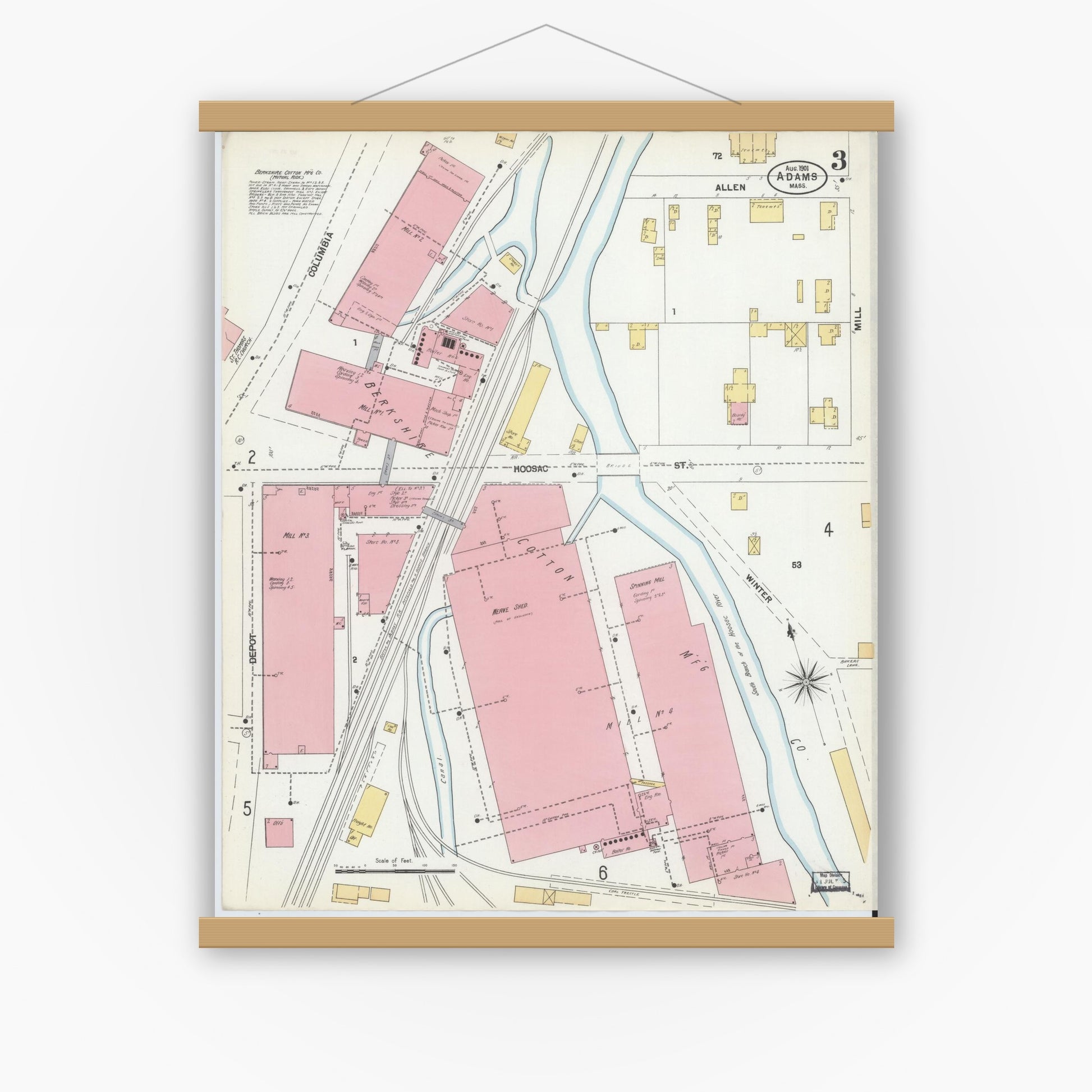 Old map wall art mockup — magnetic wood frame on white wall — Sanborn Fire Insurance Map from Adams, Berkshire County, Massachusetts (1901), Sheet #0003