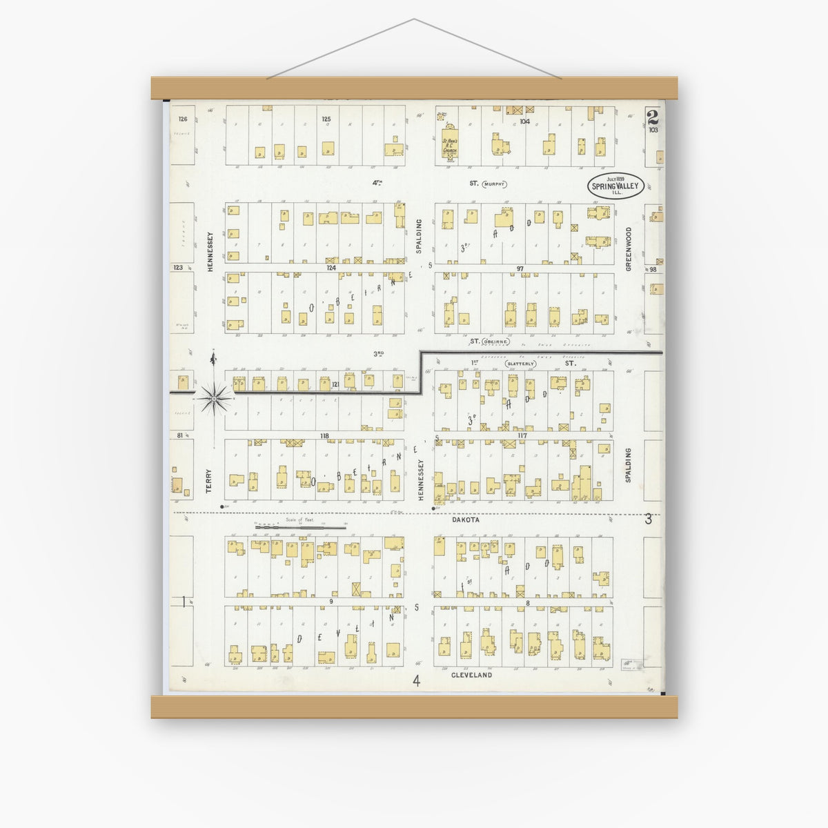 Old map wall art mockup — magnetic wood frame on white wall — Sanborn Fire Insurance Map from Spring Valley, Bureau County, Illinois (1899), Sheet #0002