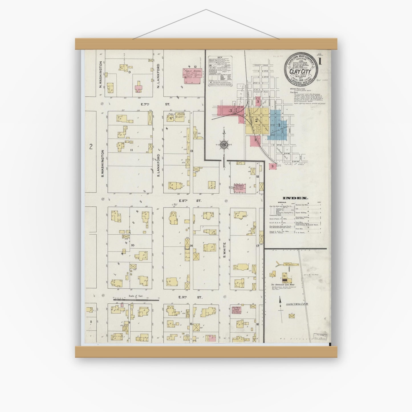 Old map wall art mockup — magnetic wood frame on white wall — Sanborn Fire Insurance Map from Clay City, Clay County, Indiana (1910) - Complete Map Set