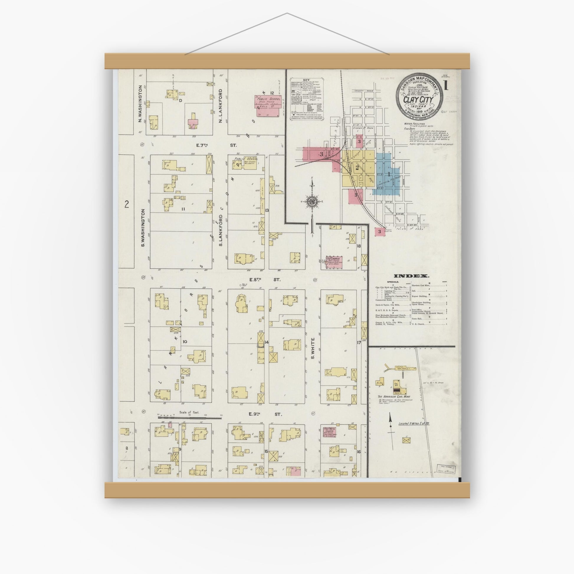 Old map wall art mockup — magnetic wood frame on white wall — Sanborn Fire Insurance Map from Clay City, Clay County, Indiana (1910) - Complete Map Set
