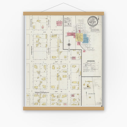 Old map wall art mockup — magnetic wood frame on white wall — Sanborn Fire Insurance Map from Clay City, Clay County, Indiana (1910) - Complete Map Set