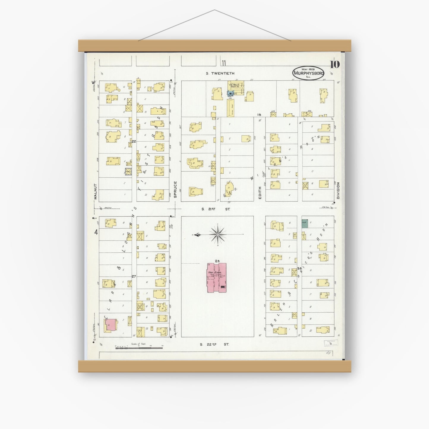 Old map wall art mockup — magnetic wood frame on white wall — Sanborn Fire Insurance Map from Murphysboro, Jackson County, Illinois (1909), Sheet #0010