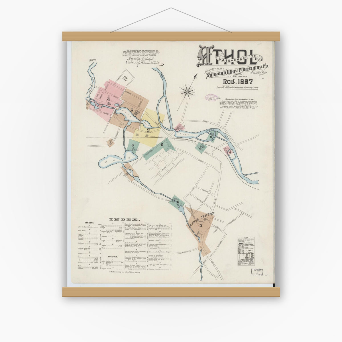 Old map wall art mockup — magnetic wood frame on white wall — Sanborn Fire Insurance Map from Athol, Worcester County, Massachusetts (1887) - Complete Map Set