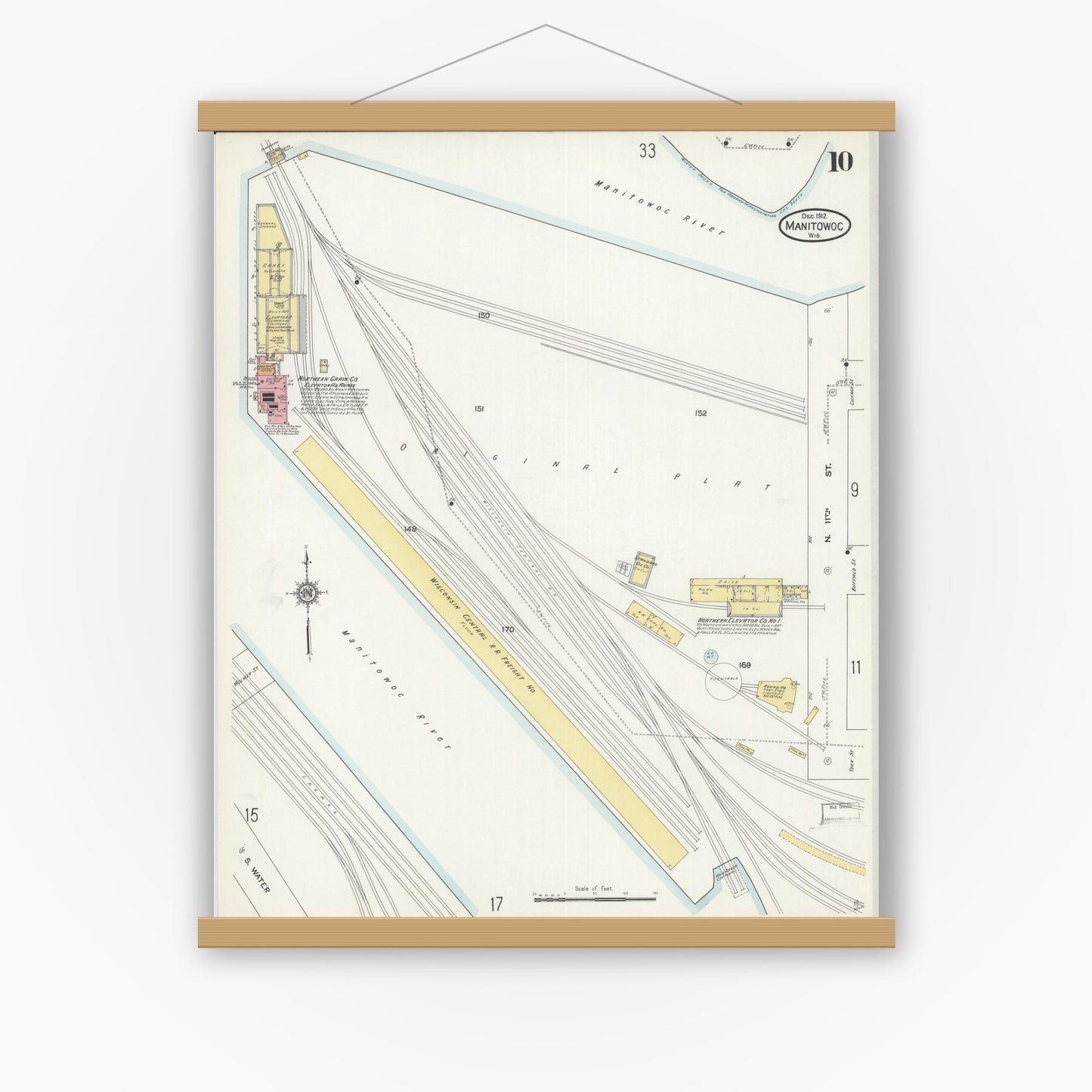Old map wall art mockup — magnetic wood frame on white wall — Sanborn Fire Insurance Map from Manitowoc, Manitowoc County, Wisconsin (1912), Sheet #0010