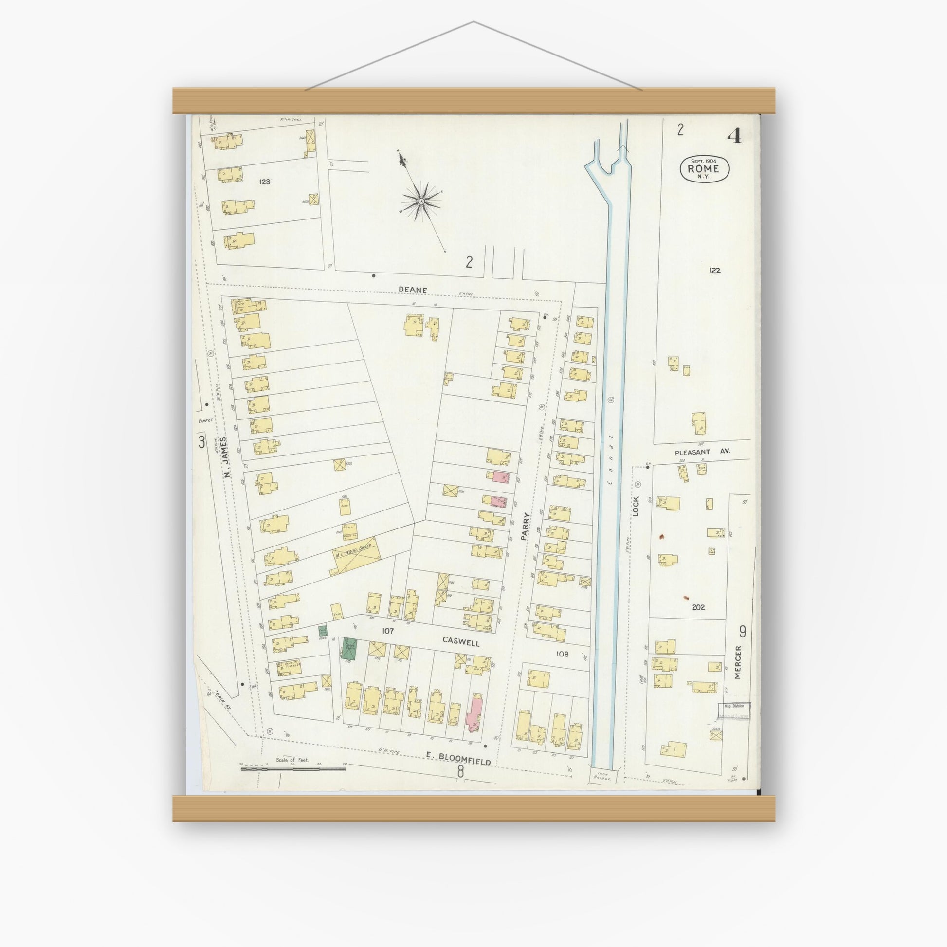 Old map wall art mockup — magnetic wood frame on white wall — Sanborn Fire Insurance Map from Rome, Oneida County, New York (1904), Sheet #0004