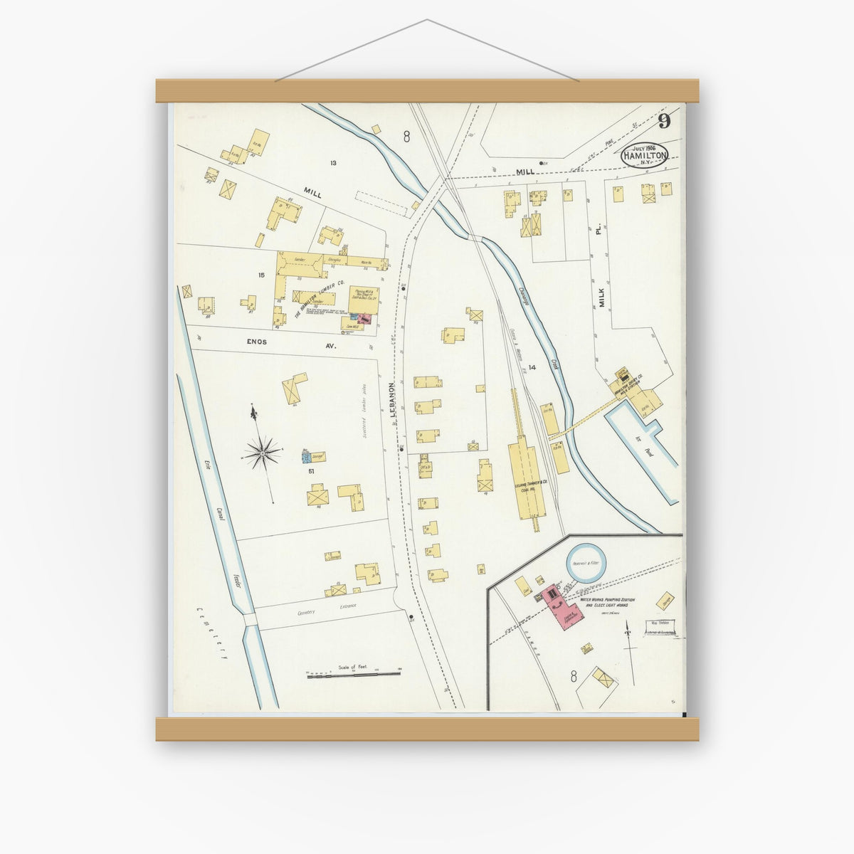 Old map wall art mockup — magnetic wood frame on white wall — Sanborn Fire Insurance Map from Hamilton, Madison County, New York (1906), Sheet #0009