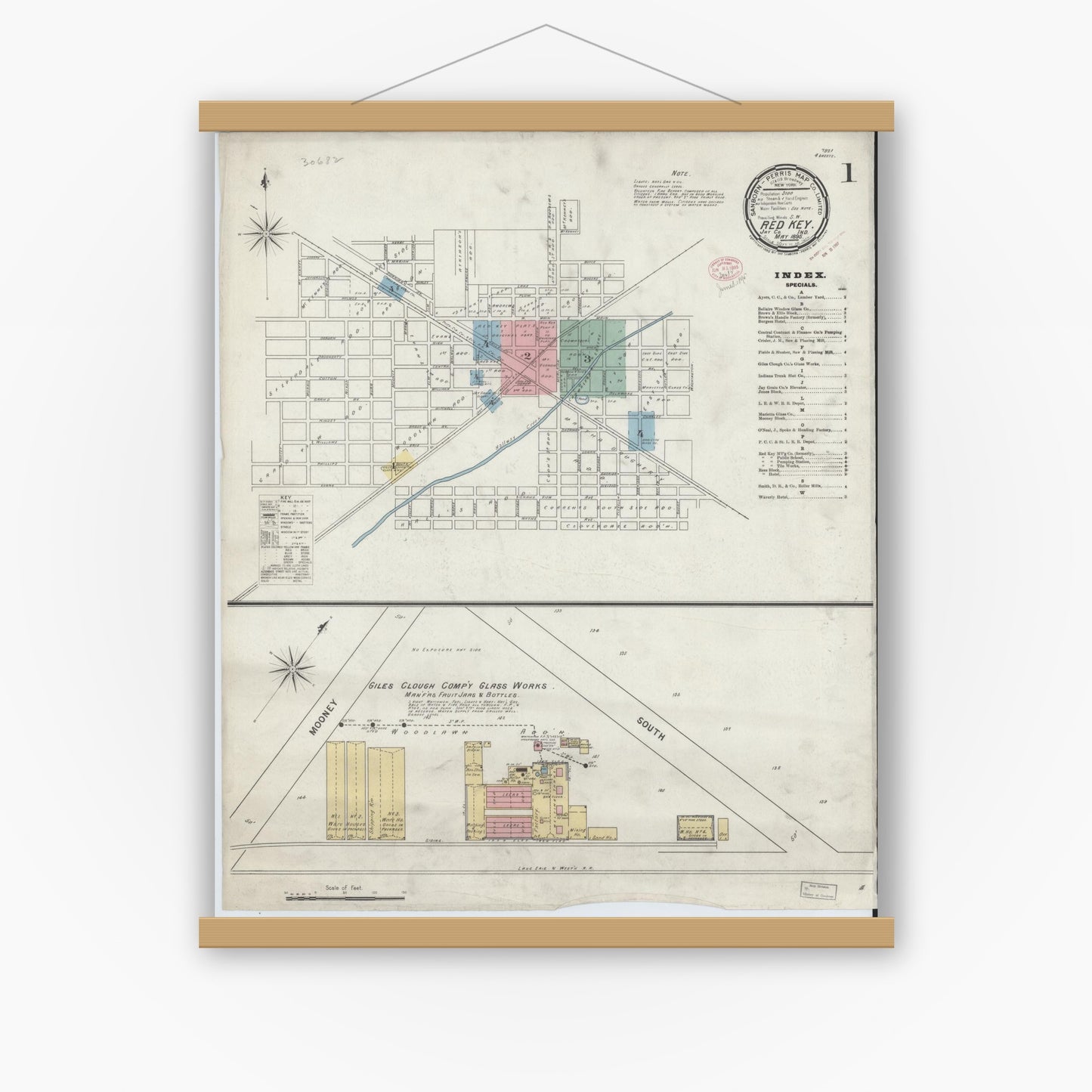 Old map wall art mockup — magnetic wood frame on white wall — Sanborn Fire Insurance Map from Redkey, Jay County, Indiana (1895) - Complete Map Set
