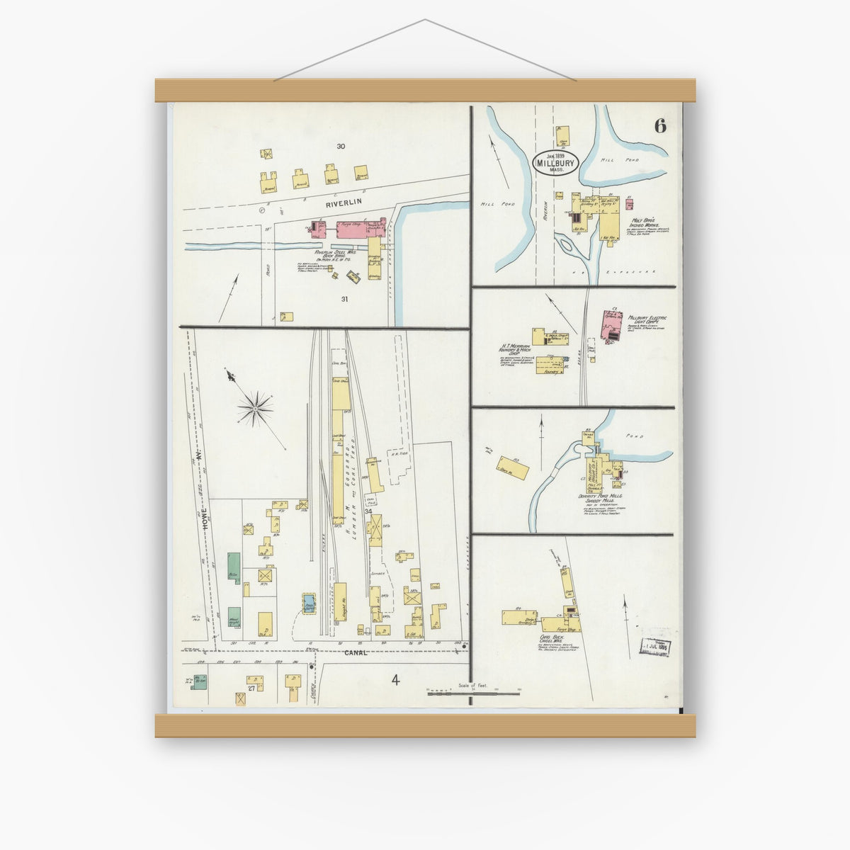 Old map wall art mockup — magnetic wood frame on white wall — Sanborn Fire Insurance Map from Millbury, Worcester County, Massachusetts (1899), Sheet #0006