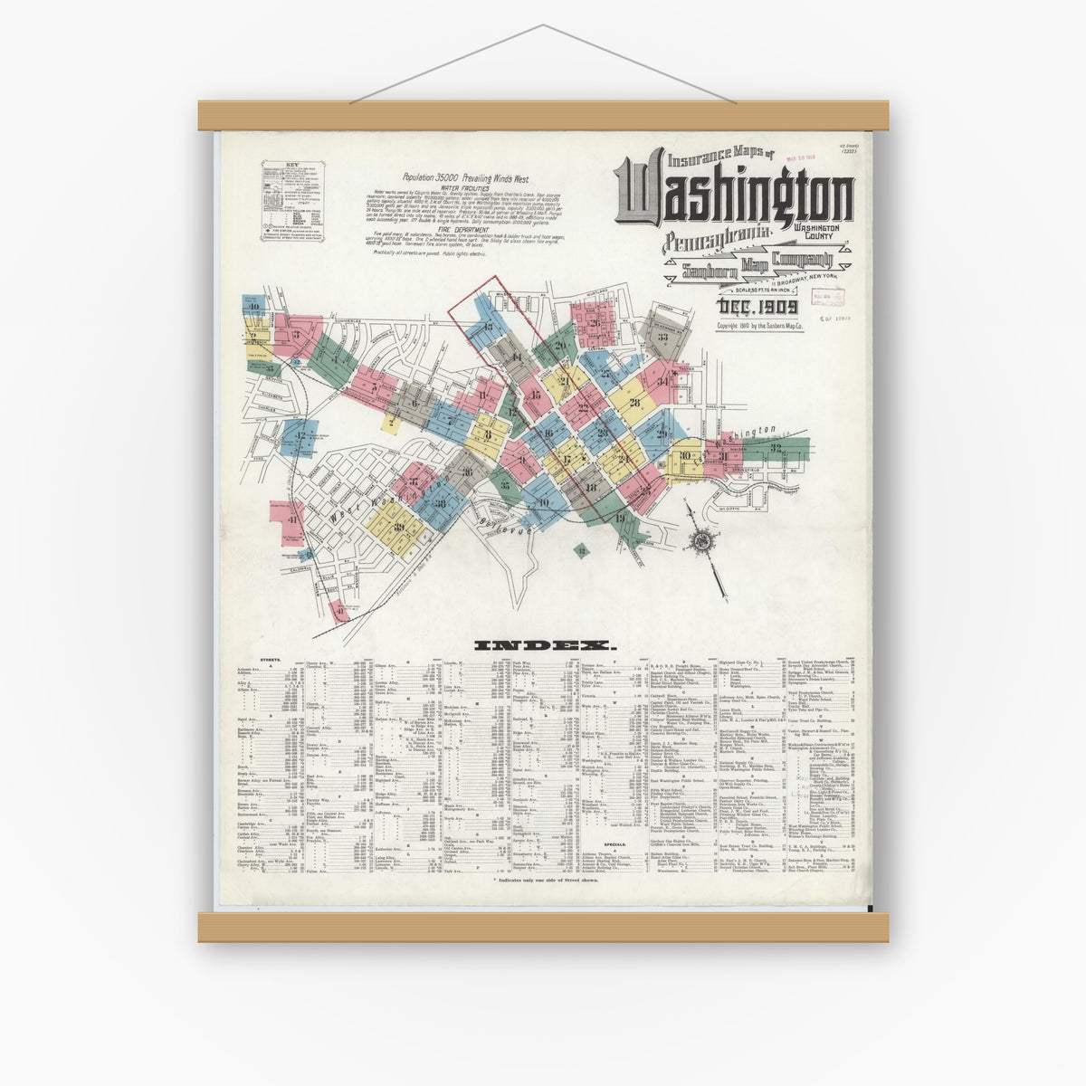 Old map wall art mockup — magnetic wood frame on white wall — Sanborn Fire Insurance Map from Washington, Washington County, Pennsylvania (1909), Sheet #0001