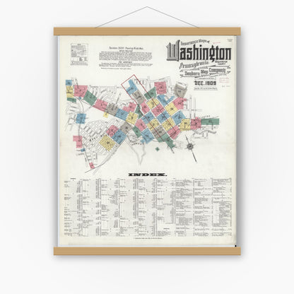 Old map wall art mockup — magnetic wood frame on white wall — Sanborn Fire Insurance Map from Washington, Washington County, Pennsylvania (1909), Sheet #0001