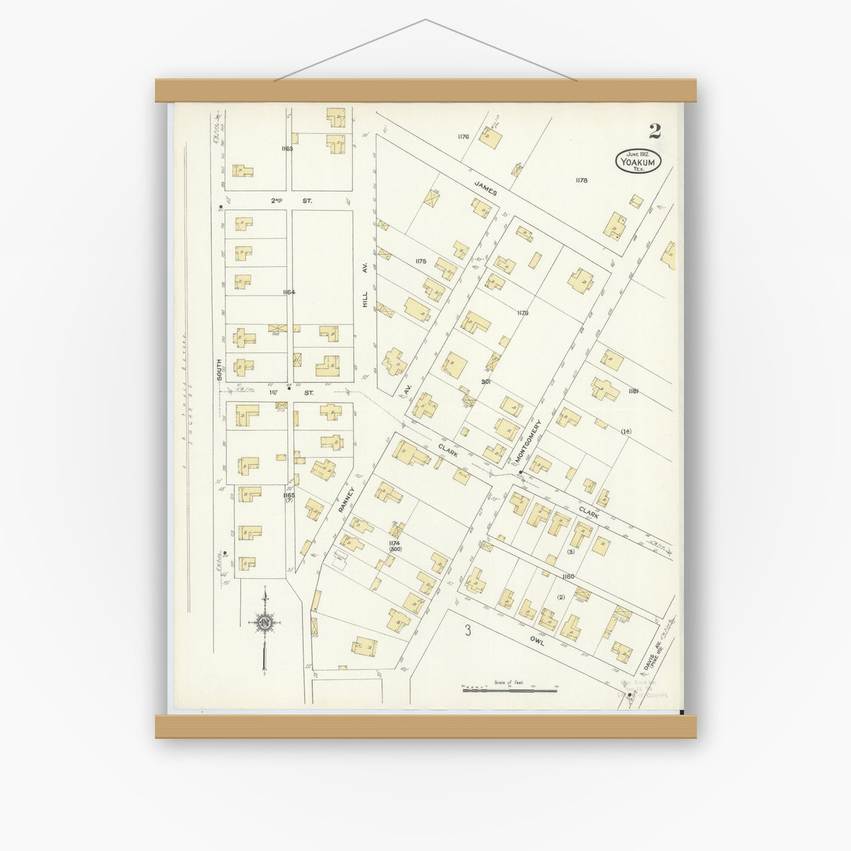 Old map wall art mockup — magnetic wood frame on white wall — Sanborn Fire Insurance Map from Yoakum, De Witt And Lavaca Counties, Texas (1912), Sheet #0002