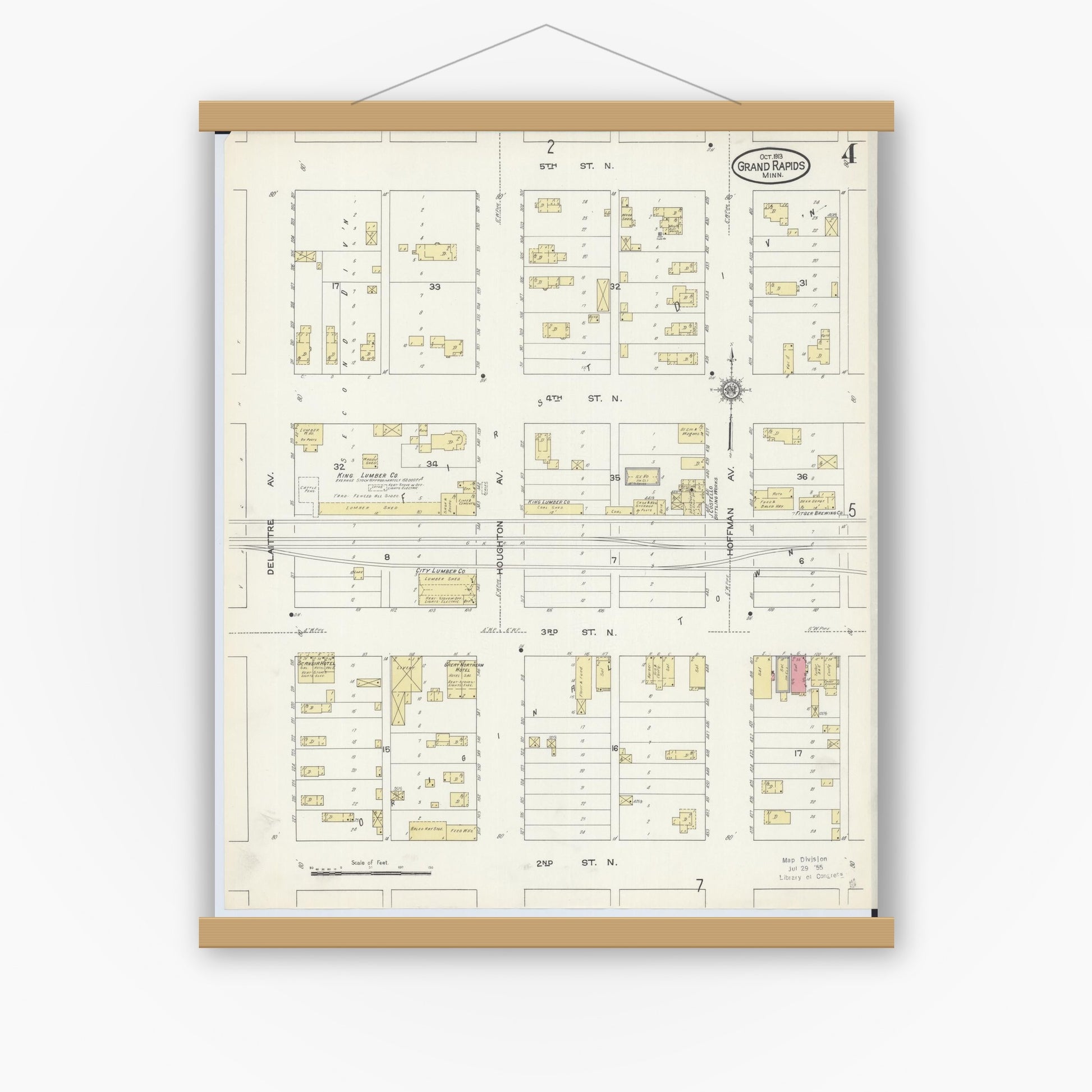 Old map wall art mockup — magnetic wood frame on white wall — Sanborn Fire Insurance Map from Grand Rapids, Itasca County, Minnesota (1913), Sheet #0004
