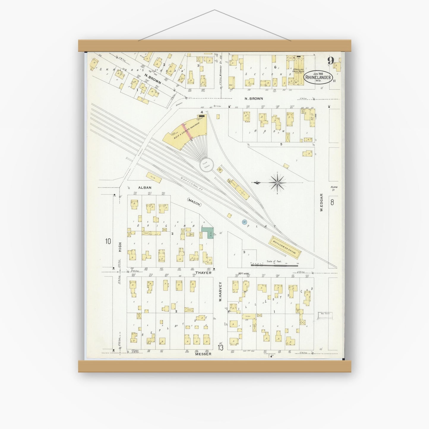 Old map wall art mockup — magnetic wood frame on white wall — Sanborn Fire Insurance Map from Rhinelander, Oneida County, Wisconsin (1908), Sheet #0009