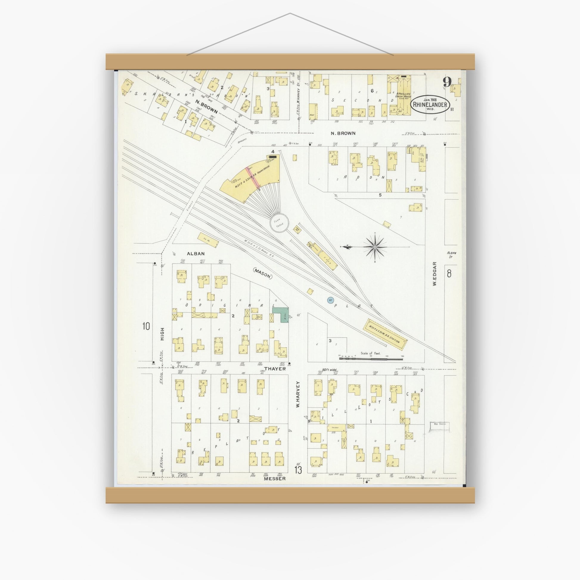 Old map wall art mockup — magnetic wood frame on white wall — Sanborn Fire Insurance Map from Rhinelander, Oneida County, Wisconsin (1908), Sheet #0009
