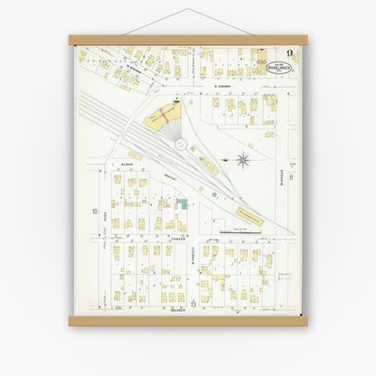 Old map wall art mockup — magnetic wood frame on white wall — Sanborn Fire Insurance Map from Rhinelander, Oneida County, Wisconsin (1908), Sheet #0009