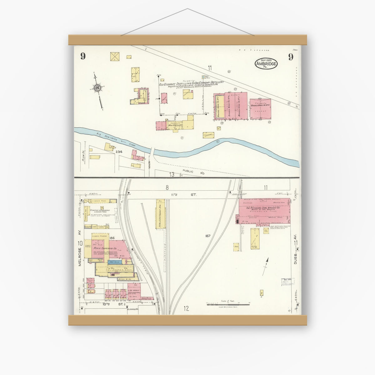 Old map wall art mockup — magnetic wood frame on white wall — Sanborn Fire Insurance Map from Ambridge, Beaver County, Pennsylvania (1923), Sheet #0009
