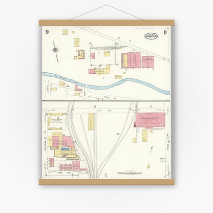 Old map wall art mockup — magnetic wood frame on white wall — Sanborn Fire Insurance Map from Ambridge, Beaver County, Pennsylvania (1923), Sheet #0009