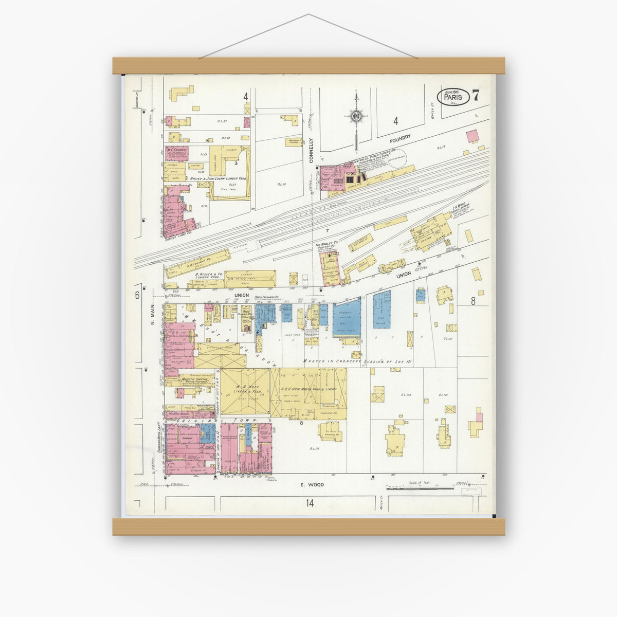 Old map wall art mockup — magnetic wood frame on white wall — Sanborn Fire Insurance Map from Paris, Edgar County, Illinois (1916), Sheet #0007