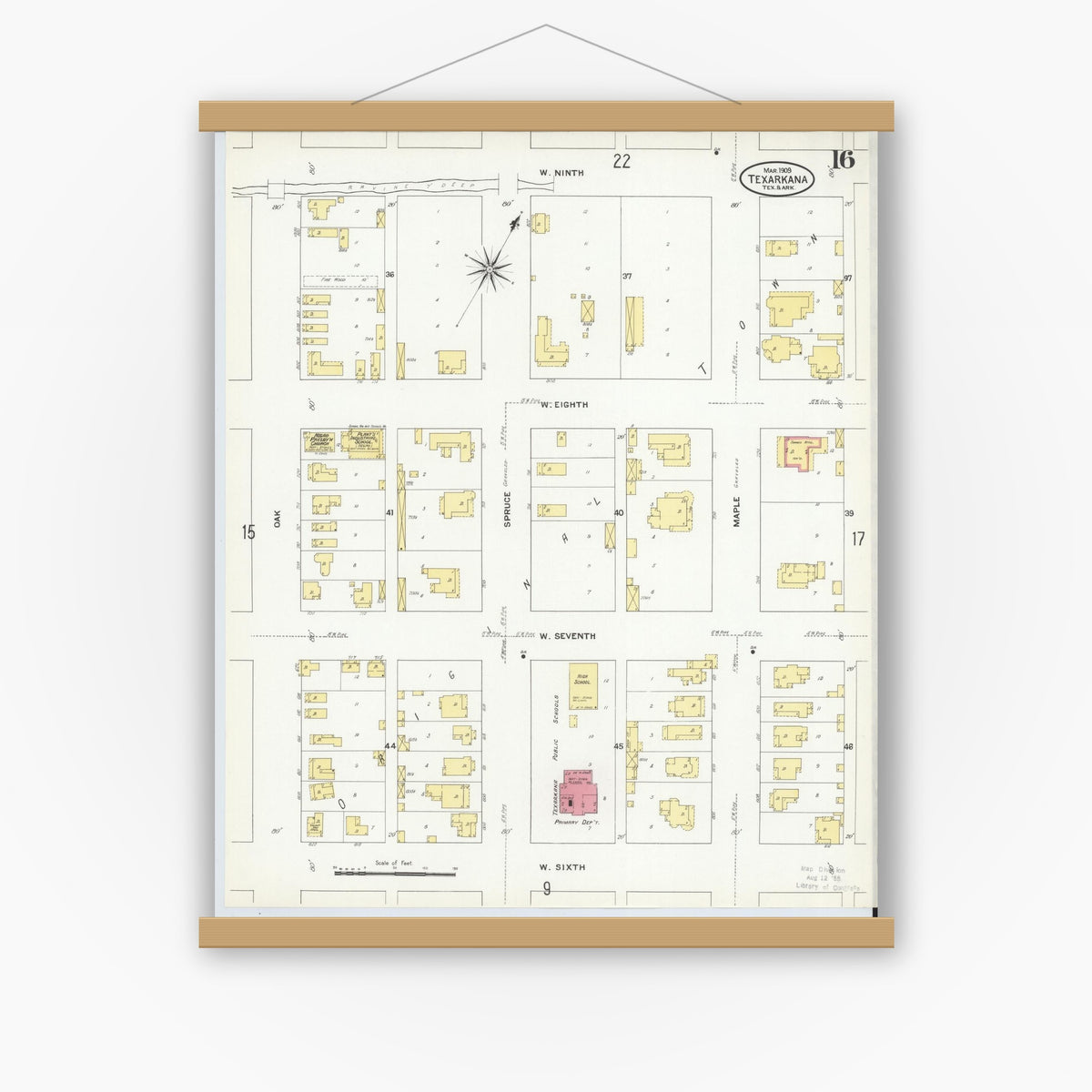 Old map wall art mockup — magnetic wood frame on white wall — Sanborn Fire Insurance Map from Texarkana, Bowie County, Texas (1909), Sheet #0016