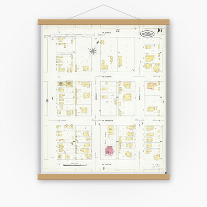 Old map wall art mockup — magnetic wood frame on white wall — Sanborn Fire Insurance Map from Texarkana, Bowie County, Texas (1909), Sheet #0016
