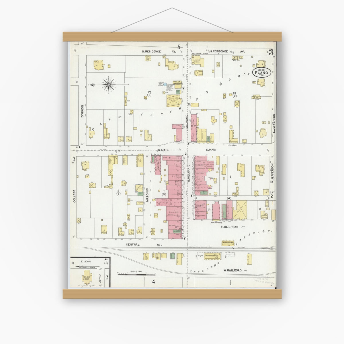 Old map wall art mockup — magnetic wood frame on white wall — Sanborn Fire Insurance Map from Plano, Collin County, Texas (1901), Sheet #0003