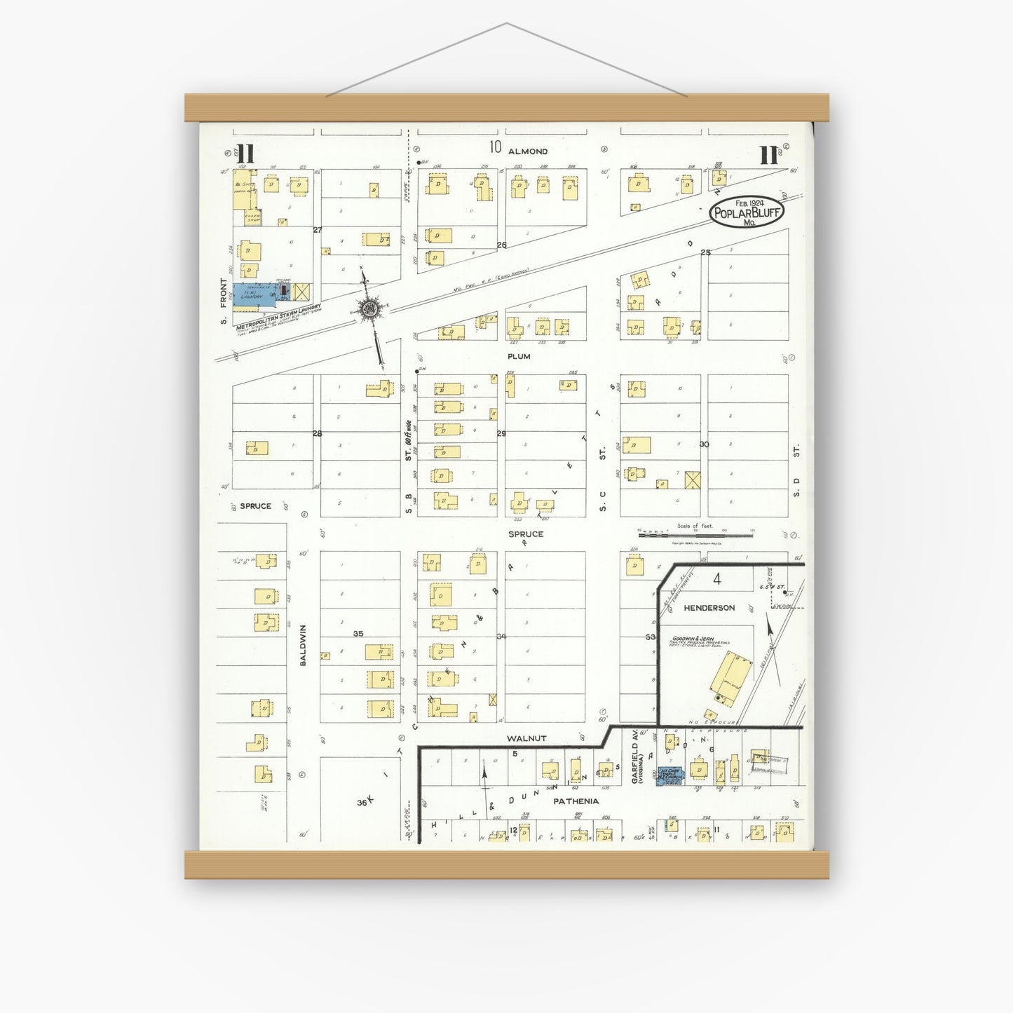 Old map wall art mockup — magnetic wood frame on white wall — Sanborn Fire Insurance Map from Poplar Bluff, Butler County, Missouri (1924), Sheet #0011
