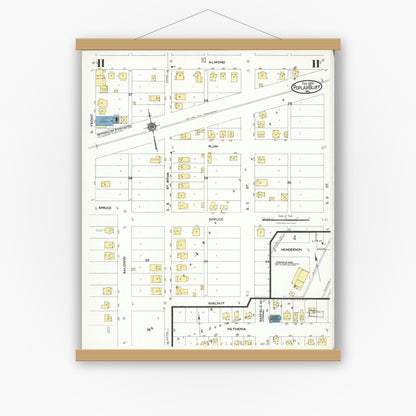 Old map wall art mockup — magnetic wood frame on white wall — Sanborn Fire Insurance Map from Poplar Bluff, Butler County, Missouri (1924), Sheet #0011