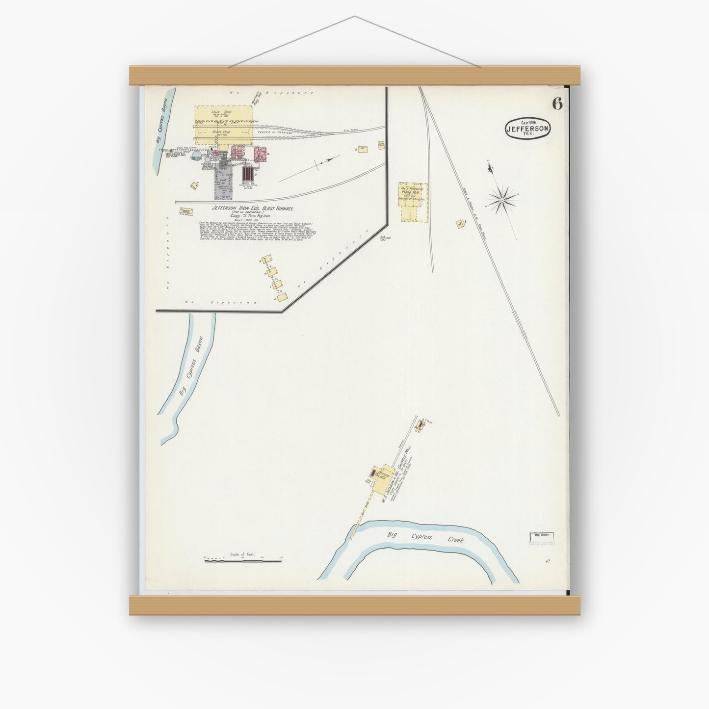 Old map wall art mockup — magnetic wood frame on white wall — Sanborn Fire Insurance Map from Jefferson, Marion County, Texas (1896), Sheet #0006