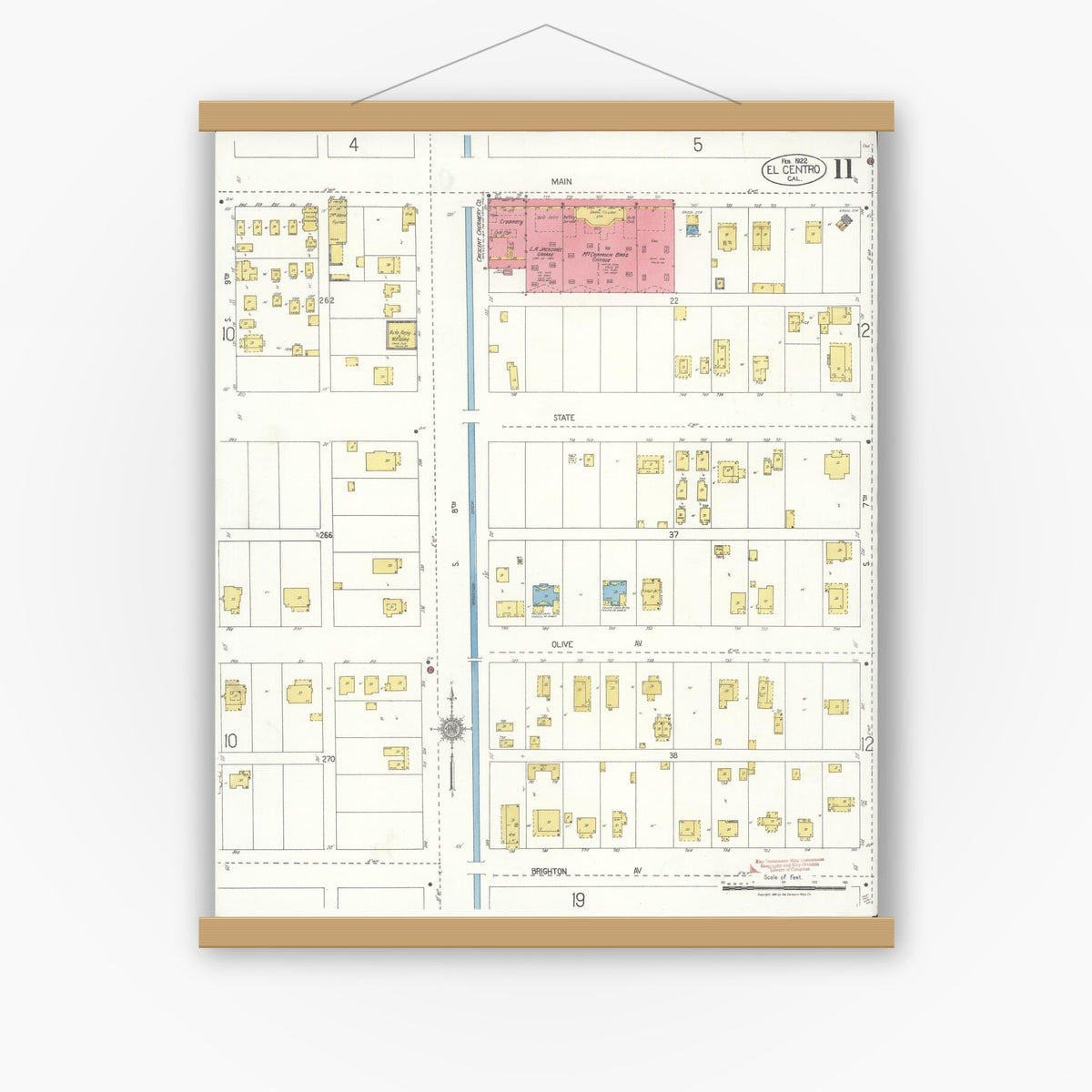 Old map wall art mockup — magnetic wood frame on white wall — Sanborn Fire Insurance Map from El Centro, Imperial County, California (1922), Sheet #0011