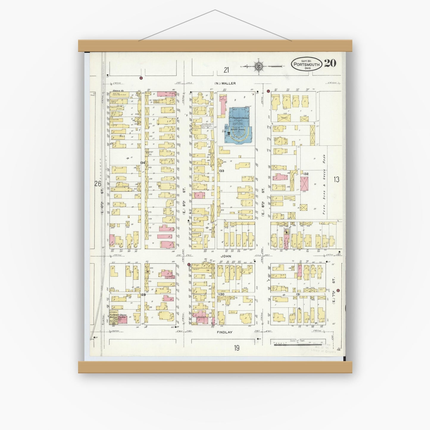 Old map wall art mockup — magnetic wood frame on white wall — Sanborn Fire Insurance Map from Portsmouth, Scioto County, Ohio (1911), Sheet #0020