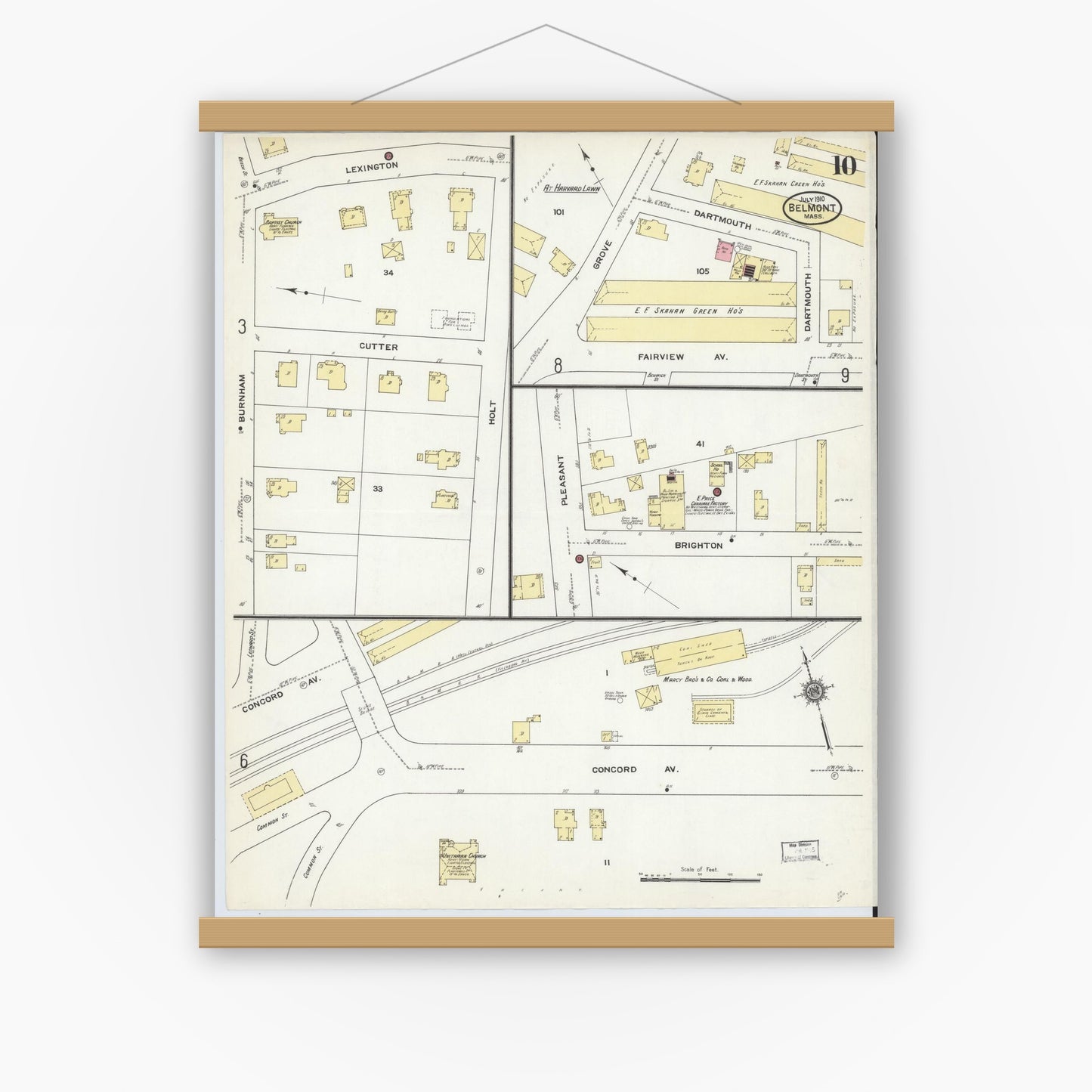 Old map wall art mockup — magnetic wood frame on white wall — Sanborn Fire Insurance Map from Belmont, Middlesex County, Massachusetts (1910), Sheet #0010