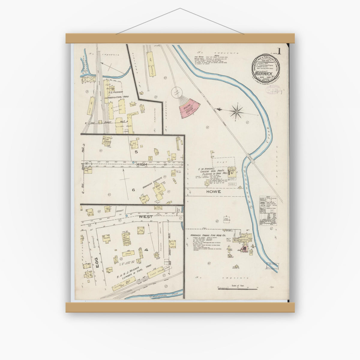 Old map wall art mockup — magnetic wood frame on white wall — Sanborn Fire Insurance Map from Warwick, Orange County, New York (1885), Sheet #0001