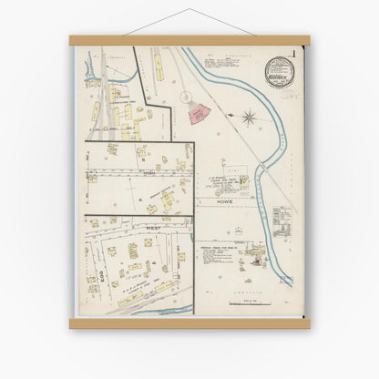 Old map wall art mockup — magnetic wood frame on white wall — Sanborn Fire Insurance Map from Warwick, Orange County, New York (1885), Sheet #0001
