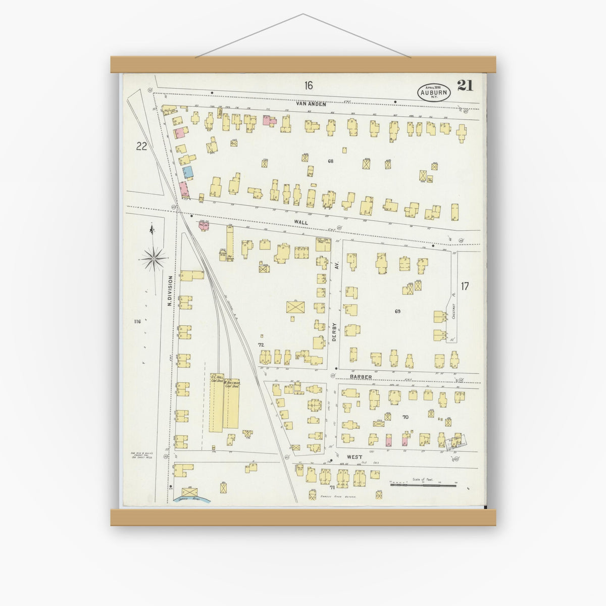 Old map wall art mockup — magnetic wood frame on white wall — Sanborn Fire Insurance Map from Auburn, Cayuga County, New York (1898), Sheet #0021