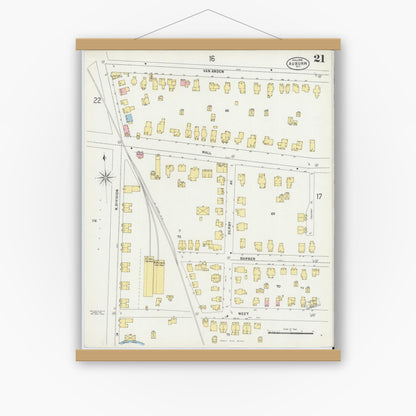 Old map wall art mockup — magnetic wood frame on white wall — Sanborn Fire Insurance Map from Auburn, Cayuga County, New York (1898), Sheet #0021