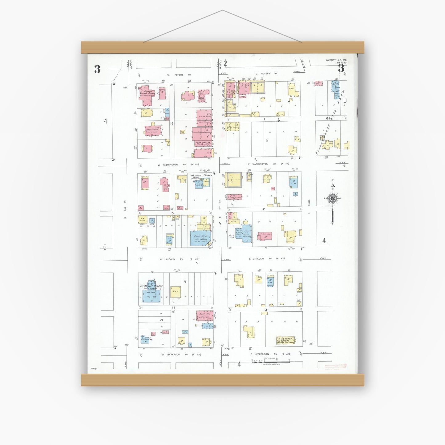 Old map wall art mockup — magnetic wood frame on white wall — Sanborn Fire Insurance Map from Owensville, Gasconade County, Missouri (1949), Sheet #0003