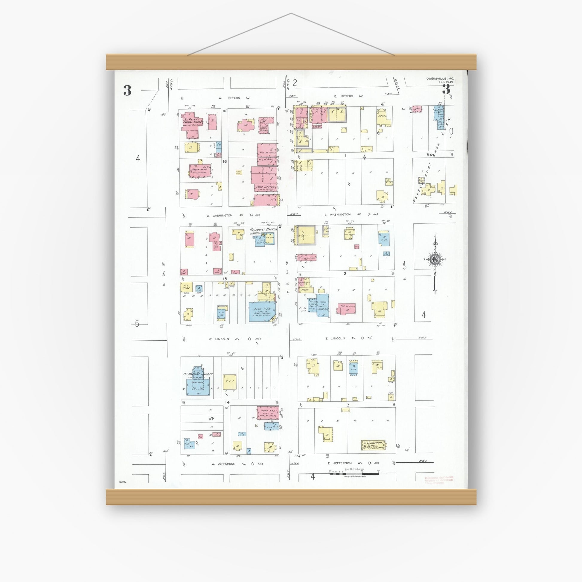 Old map wall art mockup — magnetic wood frame on white wall — Sanborn Fire Insurance Map from Owensville, Gasconade County, Missouri (1949), Sheet #0003