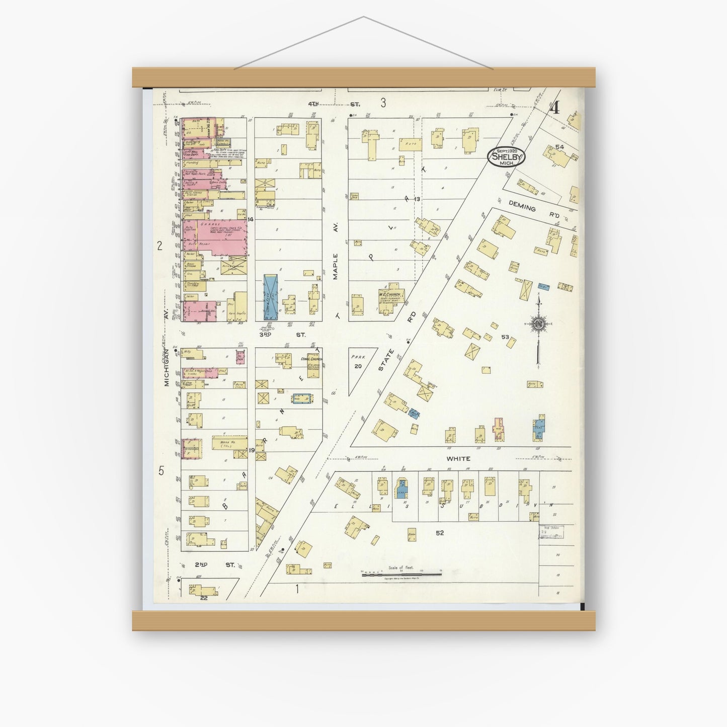 Old map wall art mockup — magnetic wood frame on white wall — Sanborn Fire Insurance Map from Shelby, Oceana County, Michigan (1920), Sheet #0004