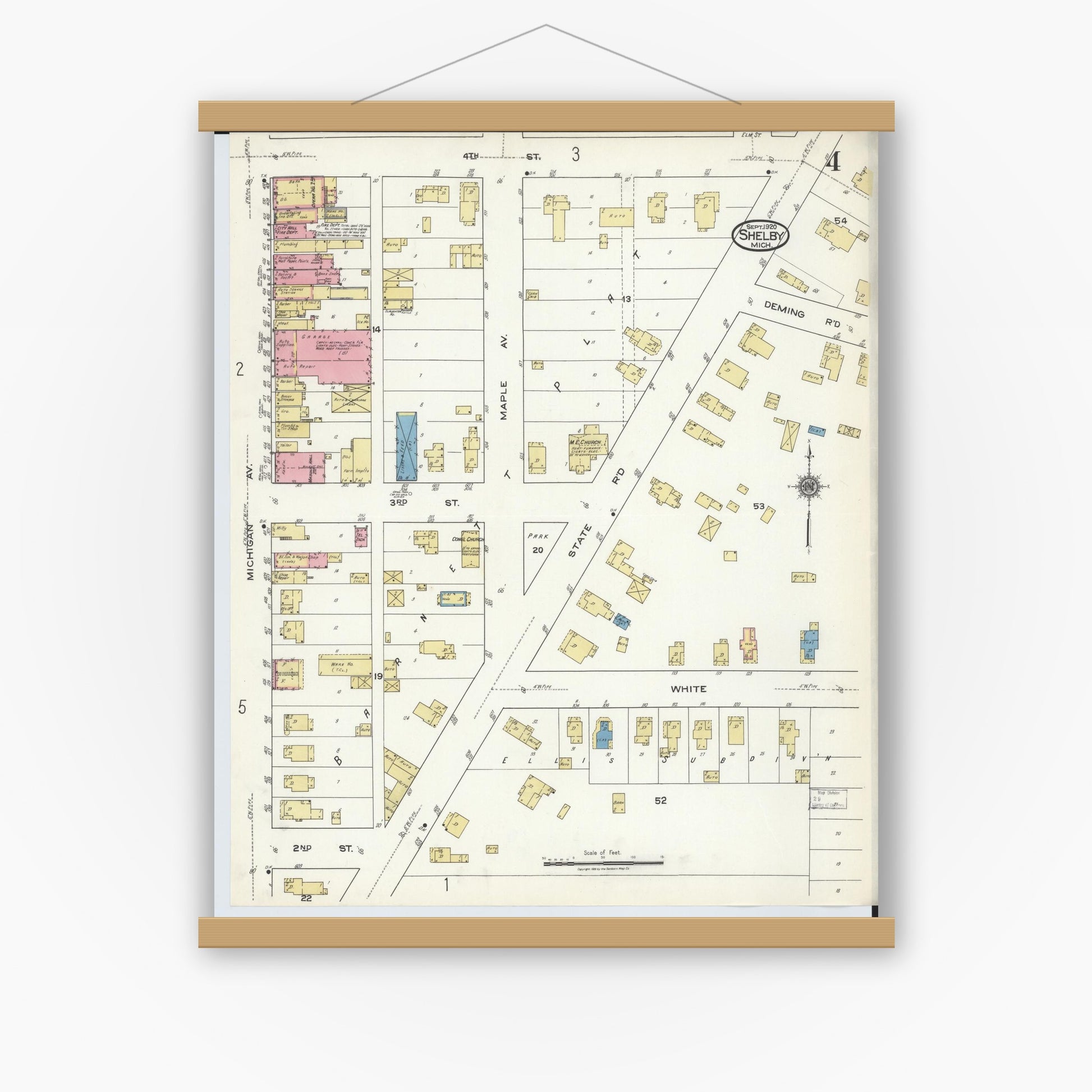 Old map wall art mockup — magnetic wood frame on white wall — Sanborn Fire Insurance Map from Shelby, Oceana County, Michigan (1920), Sheet #0004