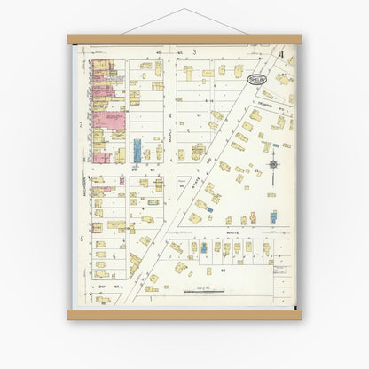 Old map wall art mockup — magnetic wood frame on white wall — Sanborn Fire Insurance Map from Shelby, Oceana County, Michigan (1920), Sheet #0004